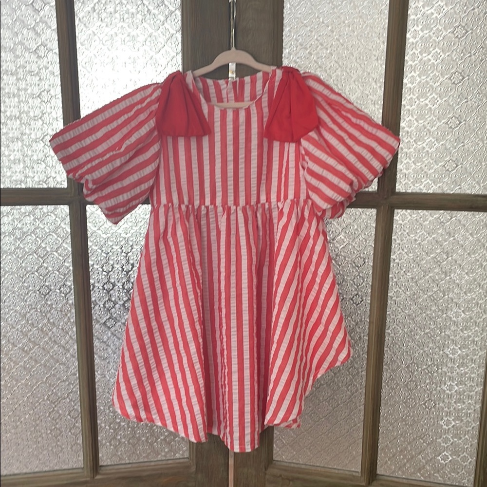 Girl’s Red and White Striped Dress with Bow Accents on Shoulders - Size 8-9Y